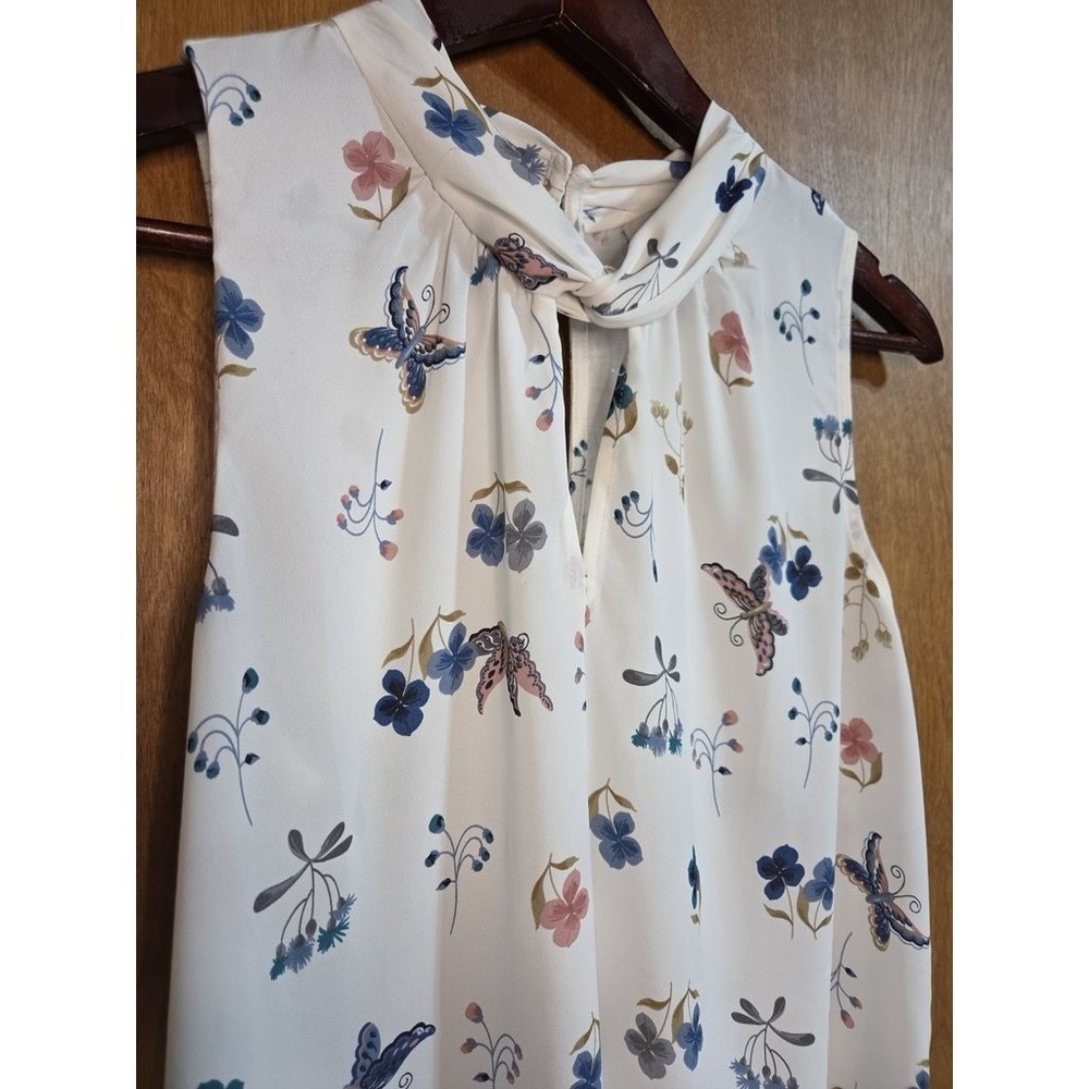 LOFT Butterfly Floral Sleeveless Blouse Top Small White Twist Neck Keyhole - Picture 3 of 4